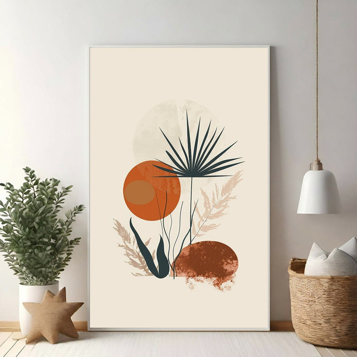 Wadi Home abstract botanical mid-century modern wall art with orange circles and dark green palm fronds on a cream background.