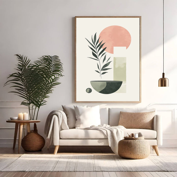 Wadi Home abstract botanical wall art with muted greens, blush pink, and cream. Minimalist design with organic shapes and stylized plant.