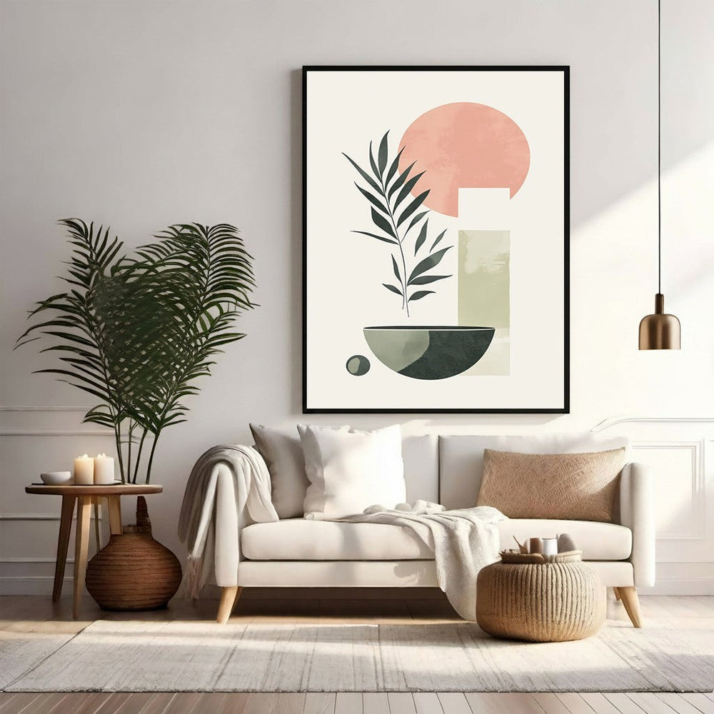 Wadi Home abstract botanical wall art with muted greens, blush pink, and cream. Minimalist design with organic shapes and a stylized plant.