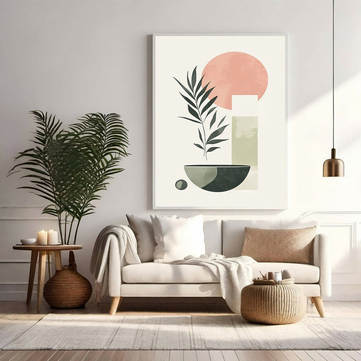 Wadi Home abstract botanical wall art with muted greens, blush pink, and cream. Minimalist design with organic shapes and geometric forms.