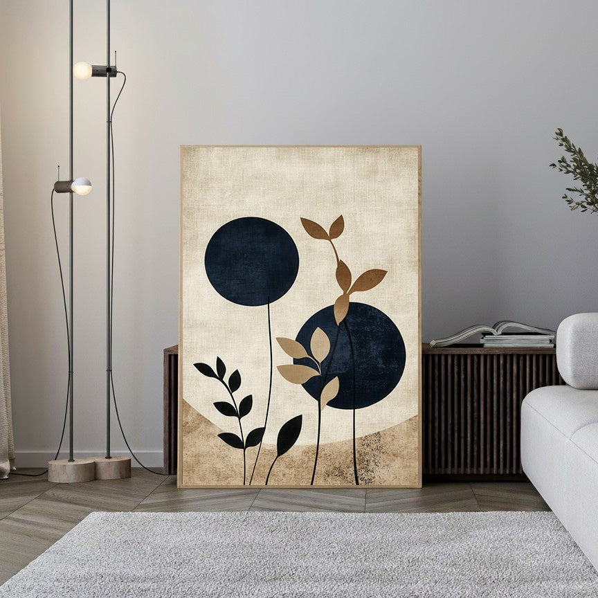 Wadi Home abstract botanical circles wall art with navy circles and beige botanical elements on textured background.
