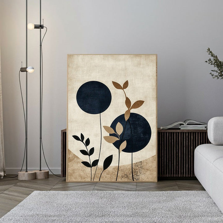 Wadi Home abstract botanical circles wall art with navy circles and beige botanical elements on textured background.