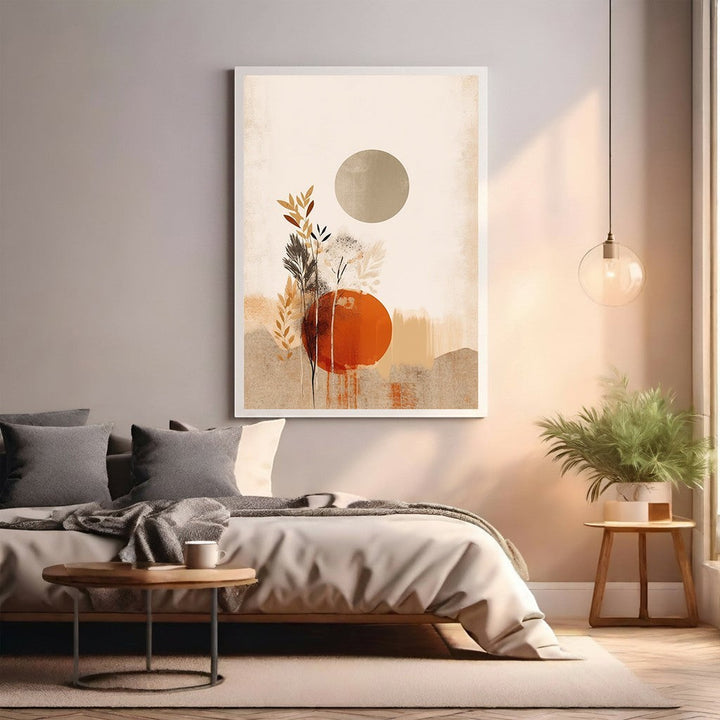 Wadi Home abstract botanical wall art with burnt orange and beige tones, featuring circular shapes and delicate foliage.