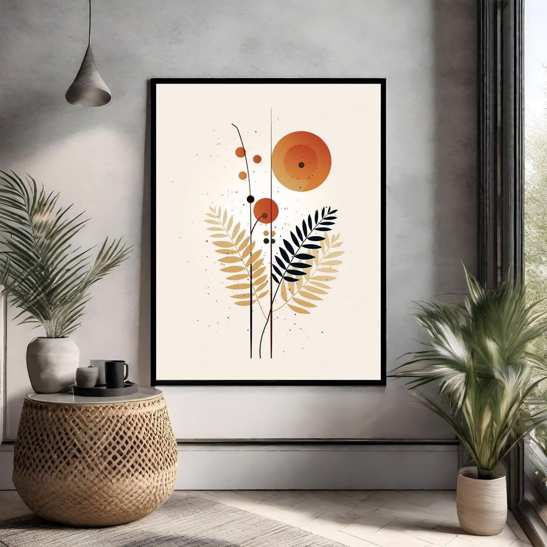 Wadi Home abstract botanical wall art with orange, gold, and black floral motifs and scattered dots.