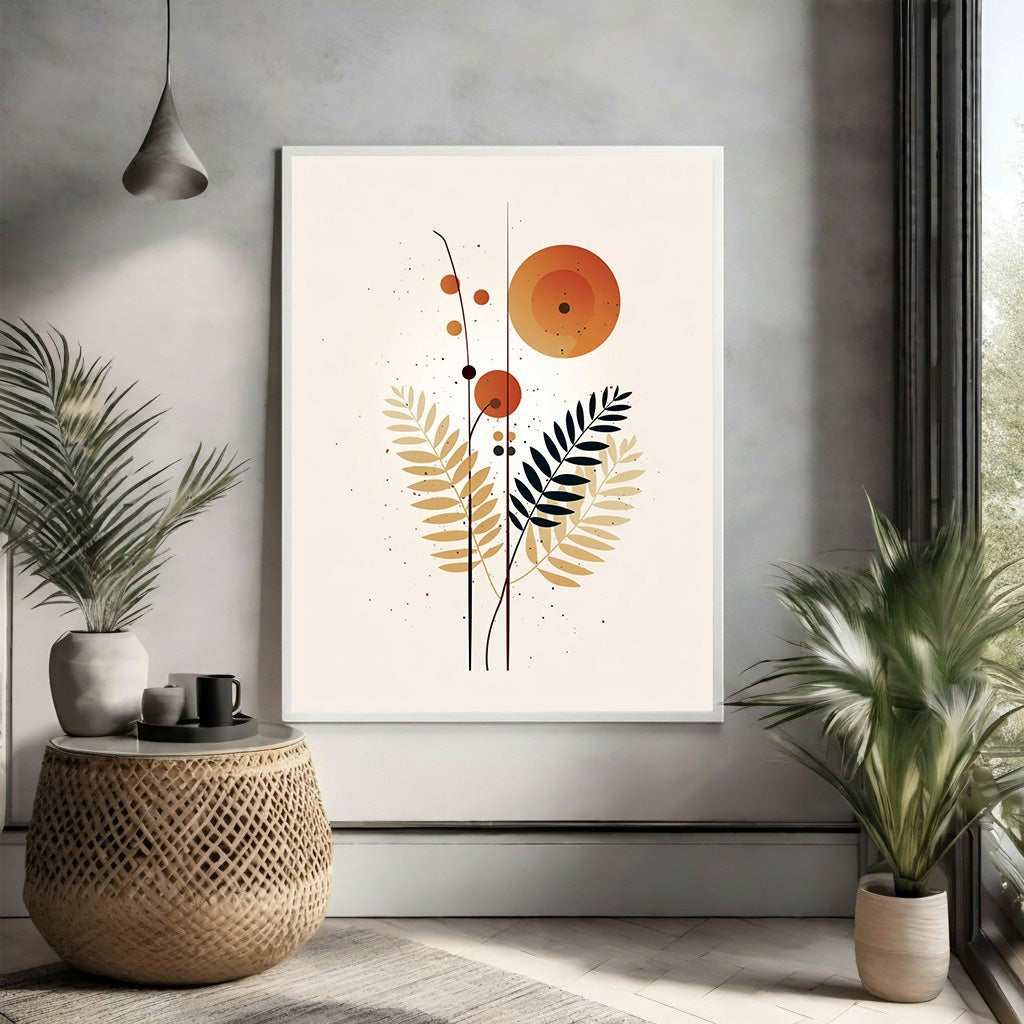 Wadi Home abstract botanical wall art with orange, gold, and black floral motifs and scattered dots on a cream background.