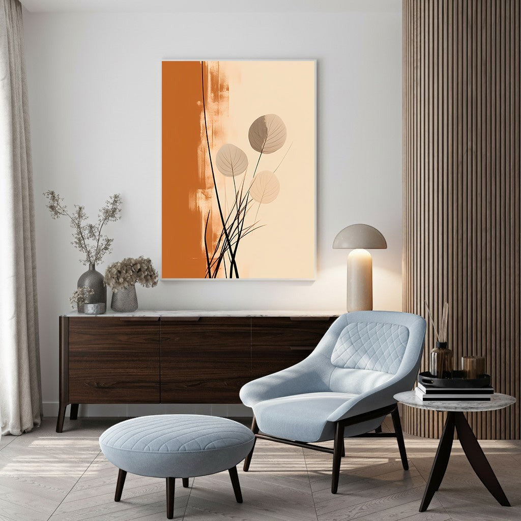 Wadi Home abstract botanical art print with burnt orange and cream background, featuring delicate floral elements and minimalist design.