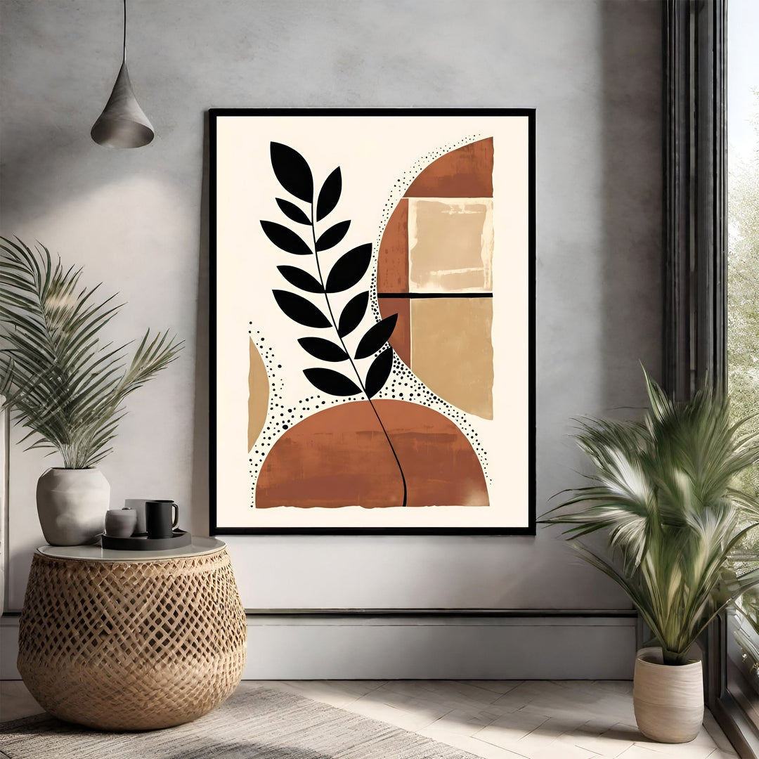 Wadi Home abstract botanical wall art with black leaf motif, terracotta, beige, and black shapes on cream background.