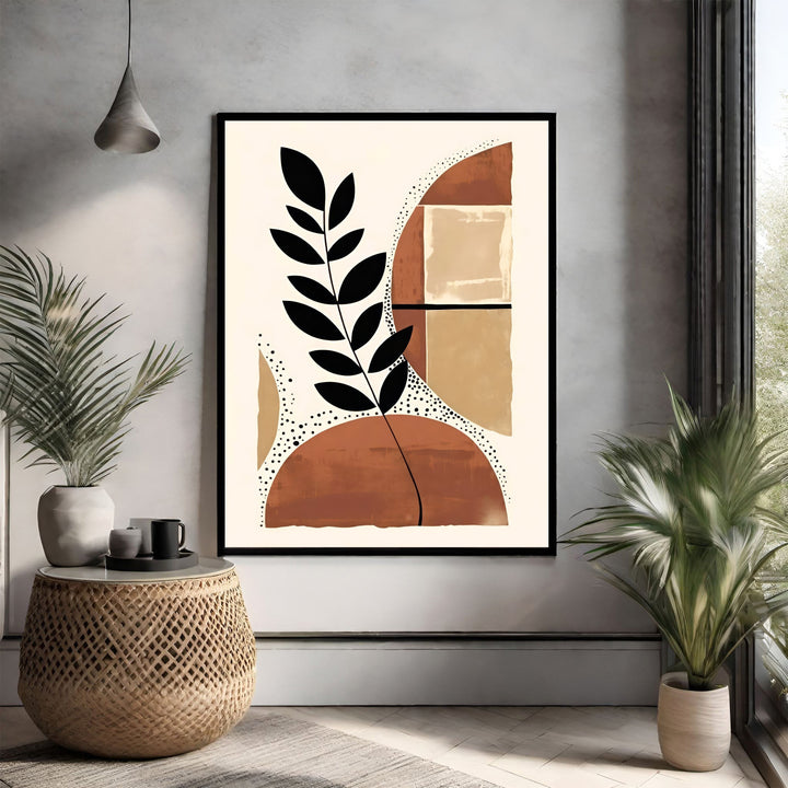 Wadi Home abstract botanical wall art with black leaf motif, terracotta, beige, and black shapes on cream background.