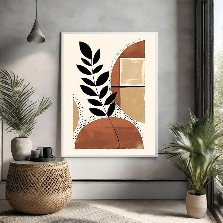 Wadi Home abstract botanical wall art with black leaf motif, terracotta, beige, and black organic shapes.