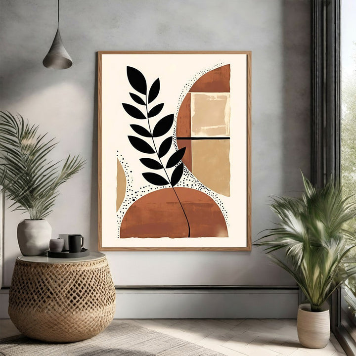 Wadi Home abstract botanical wall art with black leaf motif, terracotta, beige, and black shapes on cream background.