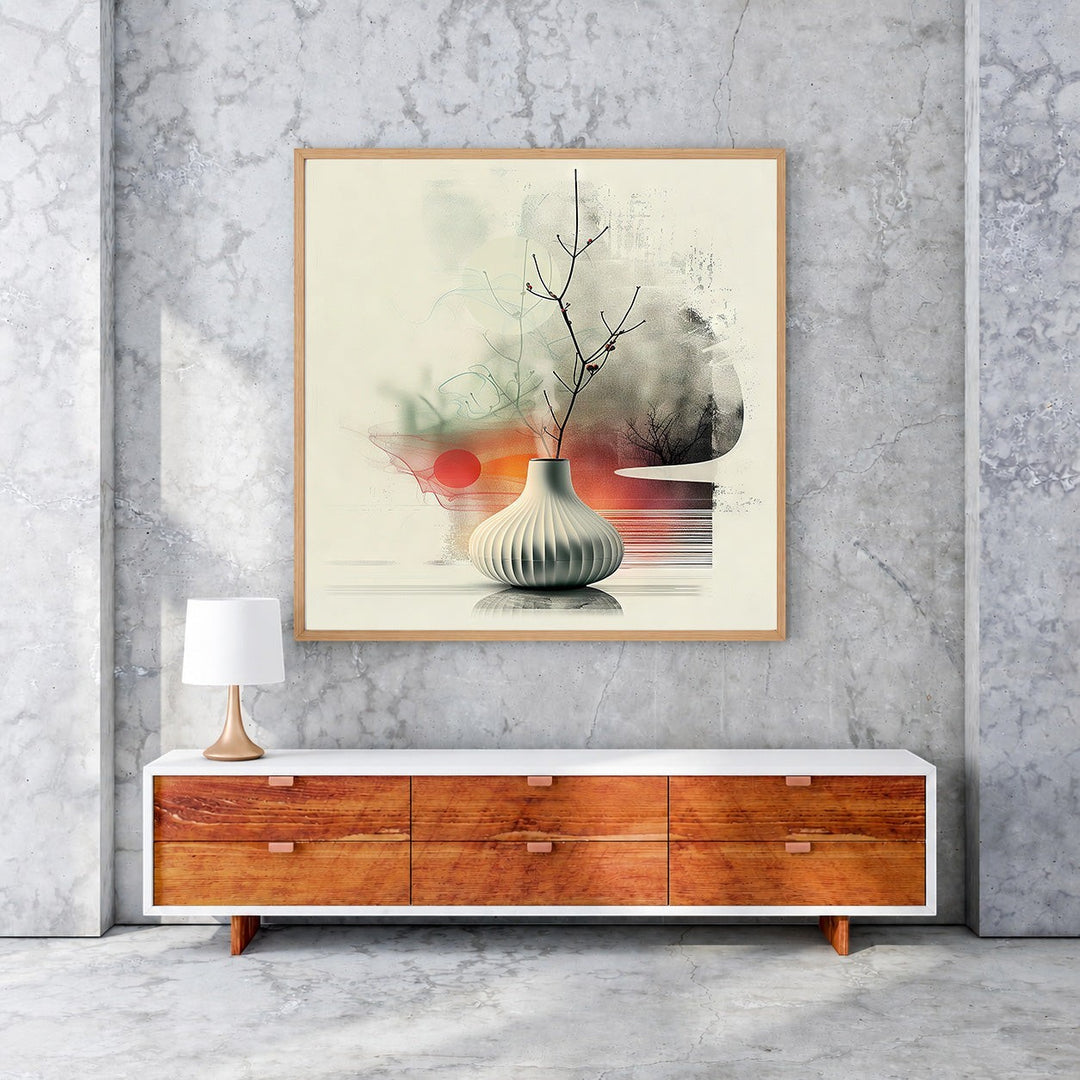 Wadi Home abstract botanical still life wall art with minimalist vase and branches, muted tones, orange, and green.