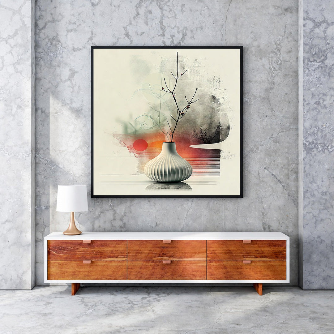 Wadi Home abstract botanical still life wall art featuring a minimalist vase with delicate branches against a soft background with muted tones, warm oranges, and green.