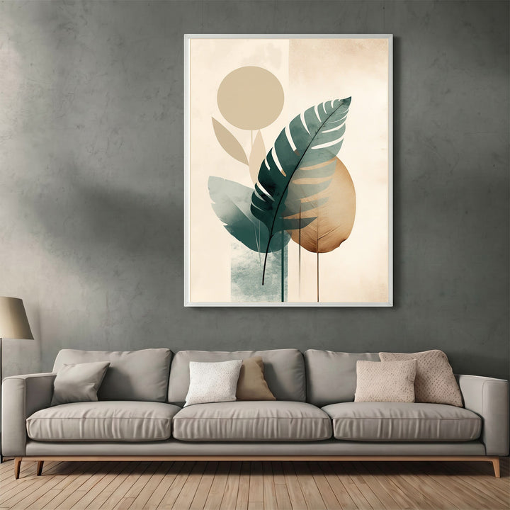Wadi Home abstract botanical wall art print with green leaves and geometric shapes in a modern living room.