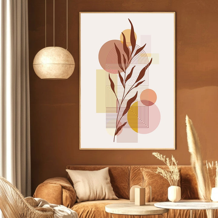 Wadi Home abstract botanical wall art print with leaf silhouettes and geometric shapes in terracotta and gold tones.