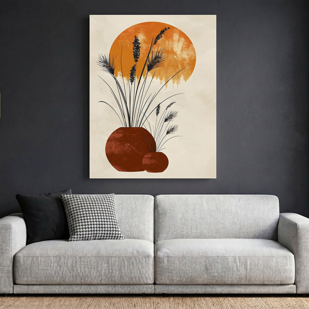 Wadi Home abstract botanical framed print featuring terracotta vessels and grasses on a neutral background