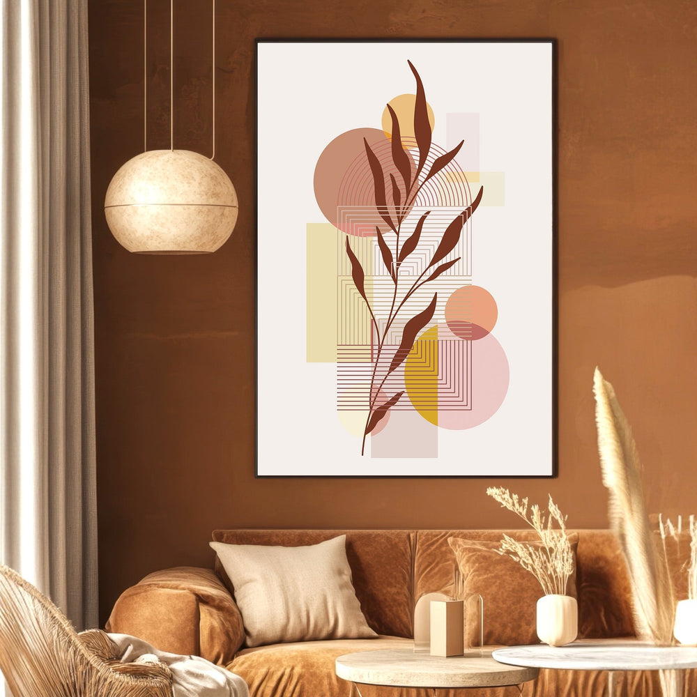Wadi Home abstract botanical wall art print with terracotta, gold, and blush geometric leaf motifs in a modern living room