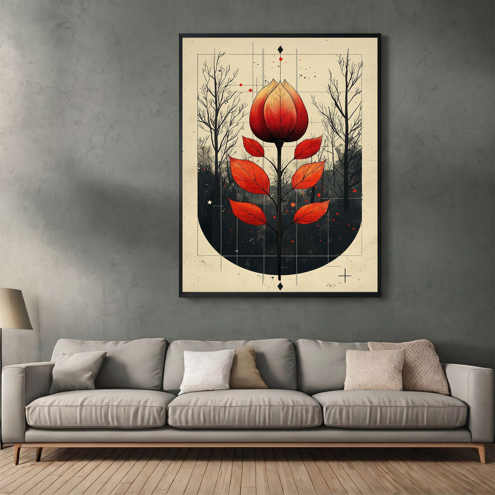 Wadi Home abstract botanical wall art print featuring a red floral motif on a neutral background above a grey sofa.