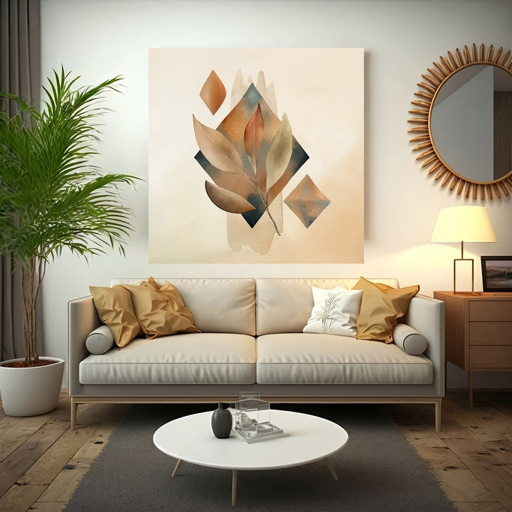 Wadi Home abstract botanical wall art print with earthy watercolor leaves and geometric shapes in a modern living room