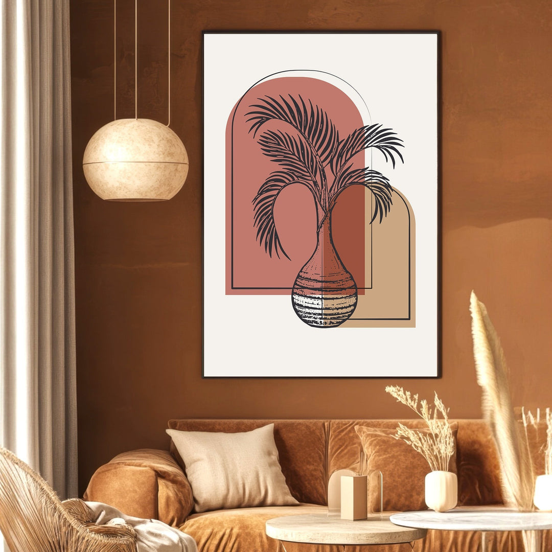 Wadi Home abstract botanical wall art print featuring a palm silhouette in a vase with terracotta and beige arches.