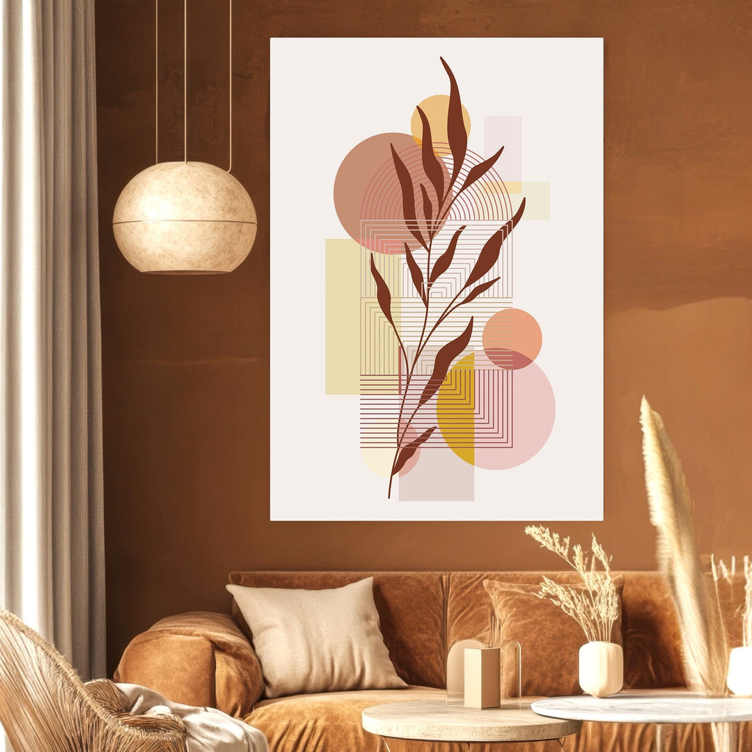 Wadi Home abstract botanical wall art print with terracotta, gold, and blush geometric shapes in a modern living room.