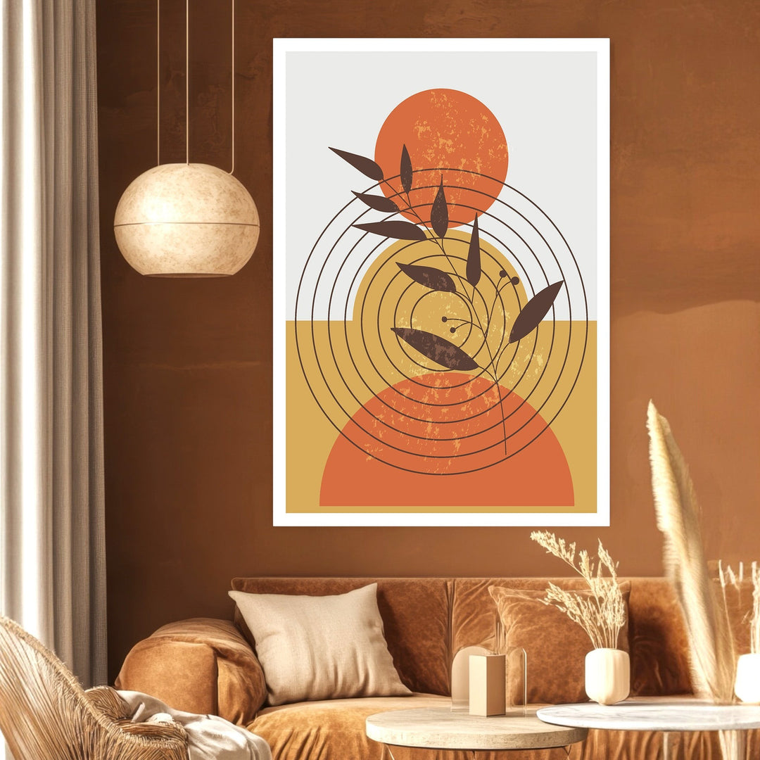 Wadi Home abstract geometric botanical wall art print with burnt orange and mustard circles in a modern living room.