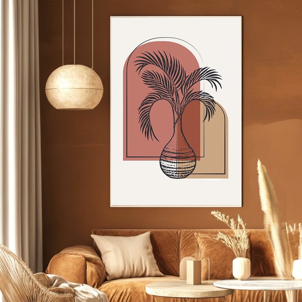 Wadi Home abstract botanical wall art print featuring a palm silhouette in a vase with terracotta and beige arches.