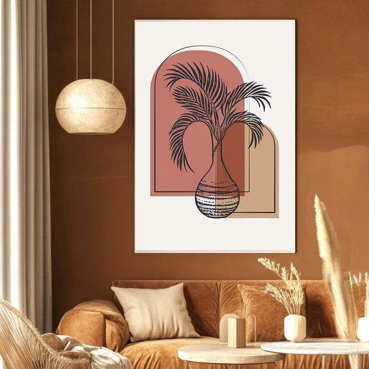 Wadi Home abstract botanical wall art print featuring a palm silhouette in a vase with terracotta and beige arches.