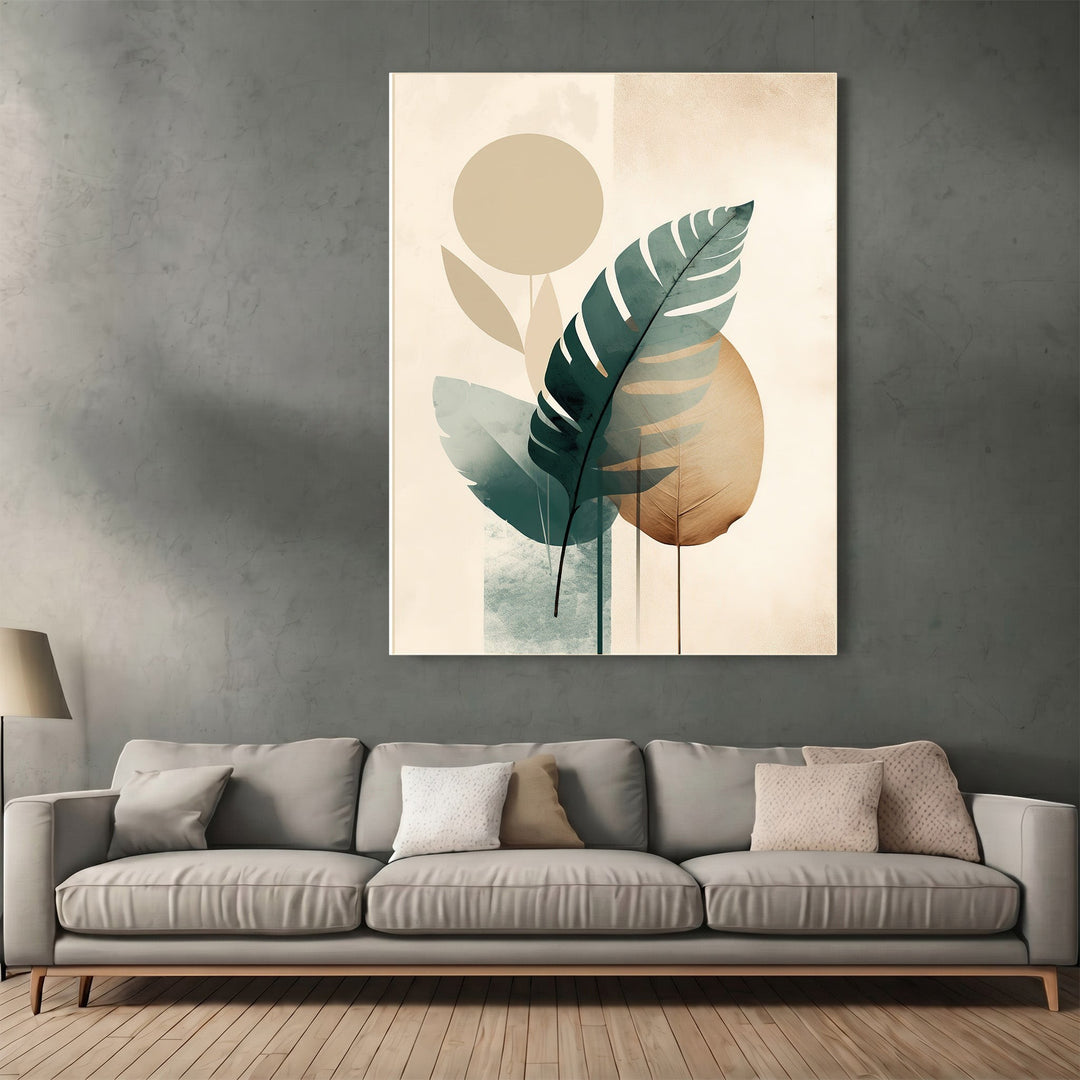 Wadi Home abstract botanical wall art print with forest green leaves and geometric shapes above a modern grey sofa.