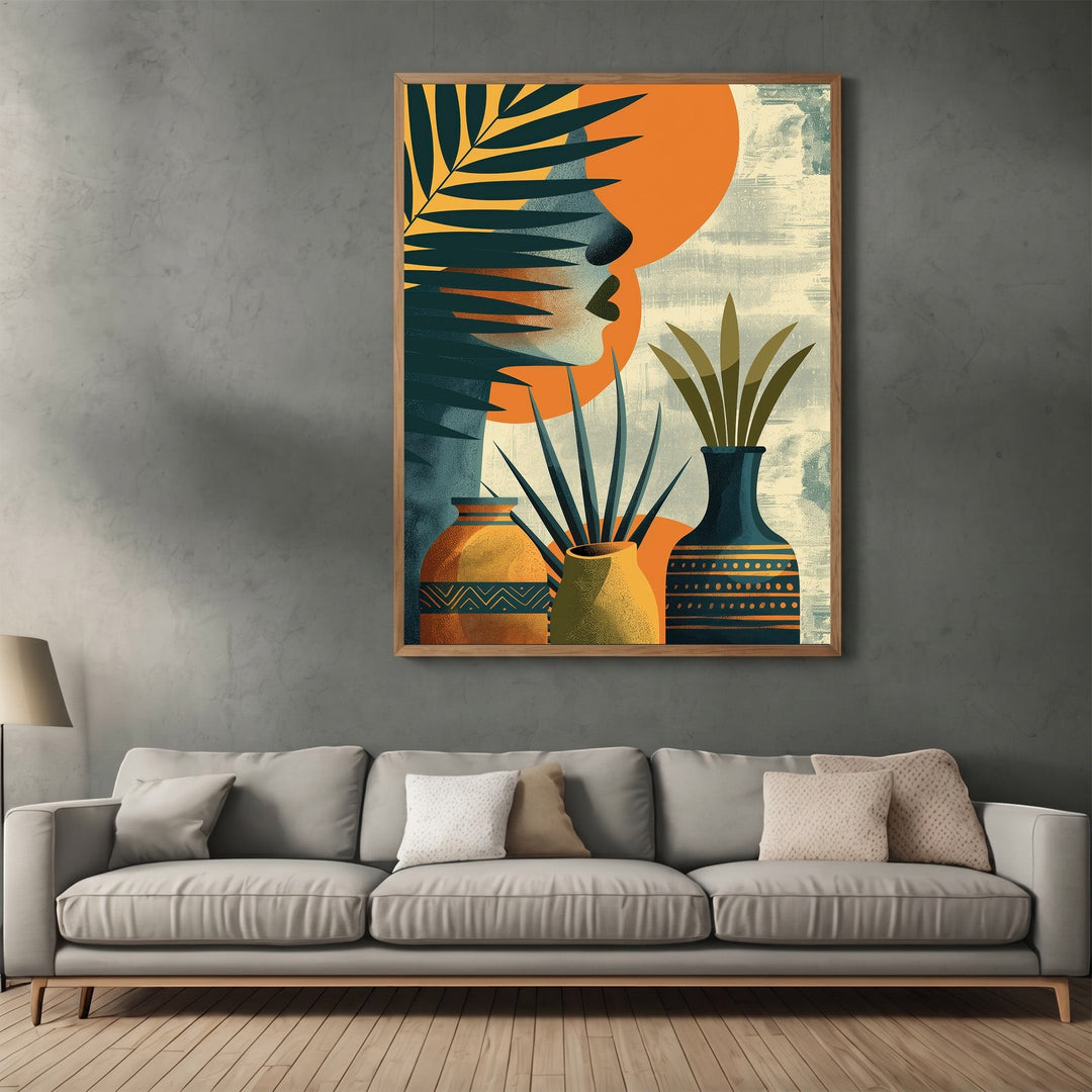 Wadi Home abstract botanical wall art print featuring stylized silhouettes, tropical foliage, and ceramic vessels.