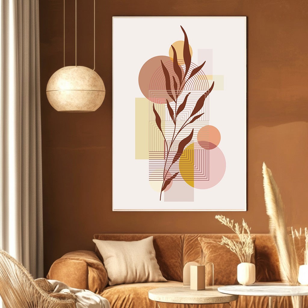 Wadi Home abstract botanical wall art print featuring terracotta and gold geometric shapes in a modern living room.