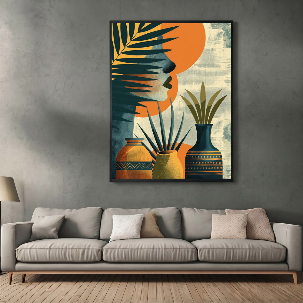 Wadi Home abstract botanical wall art print featuring tropical foliage and ceramic vases in teal and orange tones.
