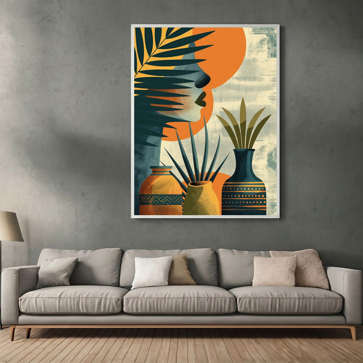 Wadi Home abstract botanical wall art print featuring tropical foliage and ceramic vases in teal and orange tones.