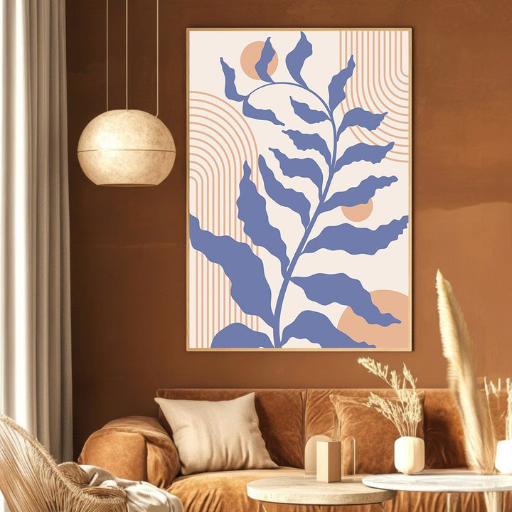 Wadi Home abstract botanical wall art with blue leaf motif and peach geometric arches in a modern living room