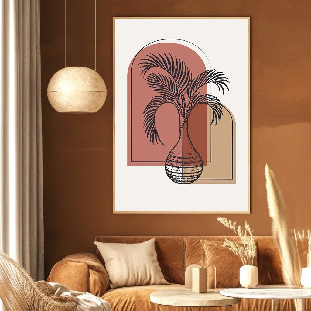 Wadi Home abstract botanical wall art print featuring a palm silhouette in terracotta and beige on a living room wall