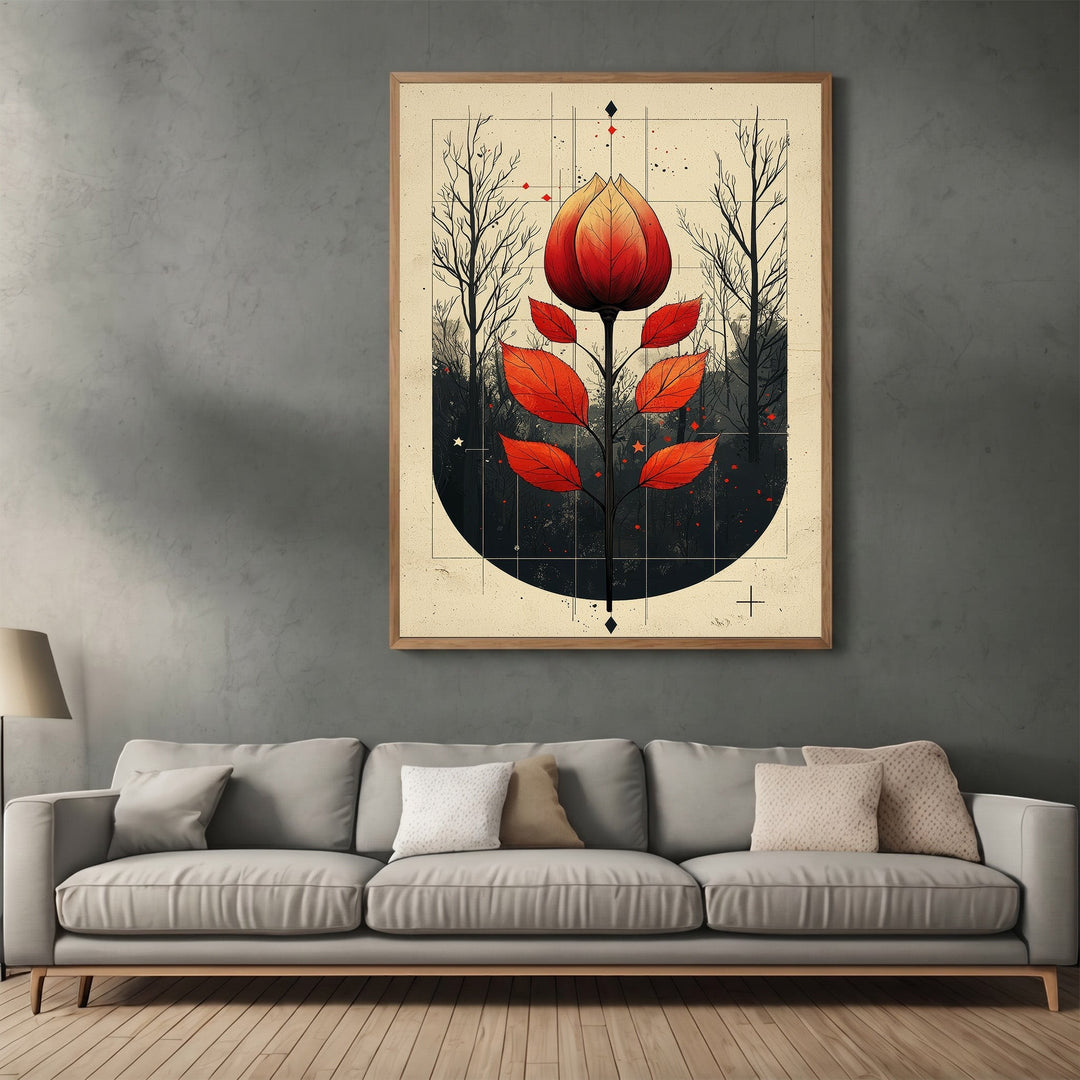 Wadi Home abstract botanical wall art print with a red floral motif and geometric linework in a modern living room.