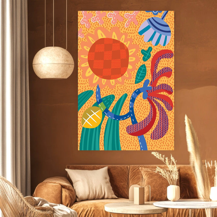 Wadi Home abstract botanical wall art print with vibrant orange, red, blue, and green floral patterns in a living room