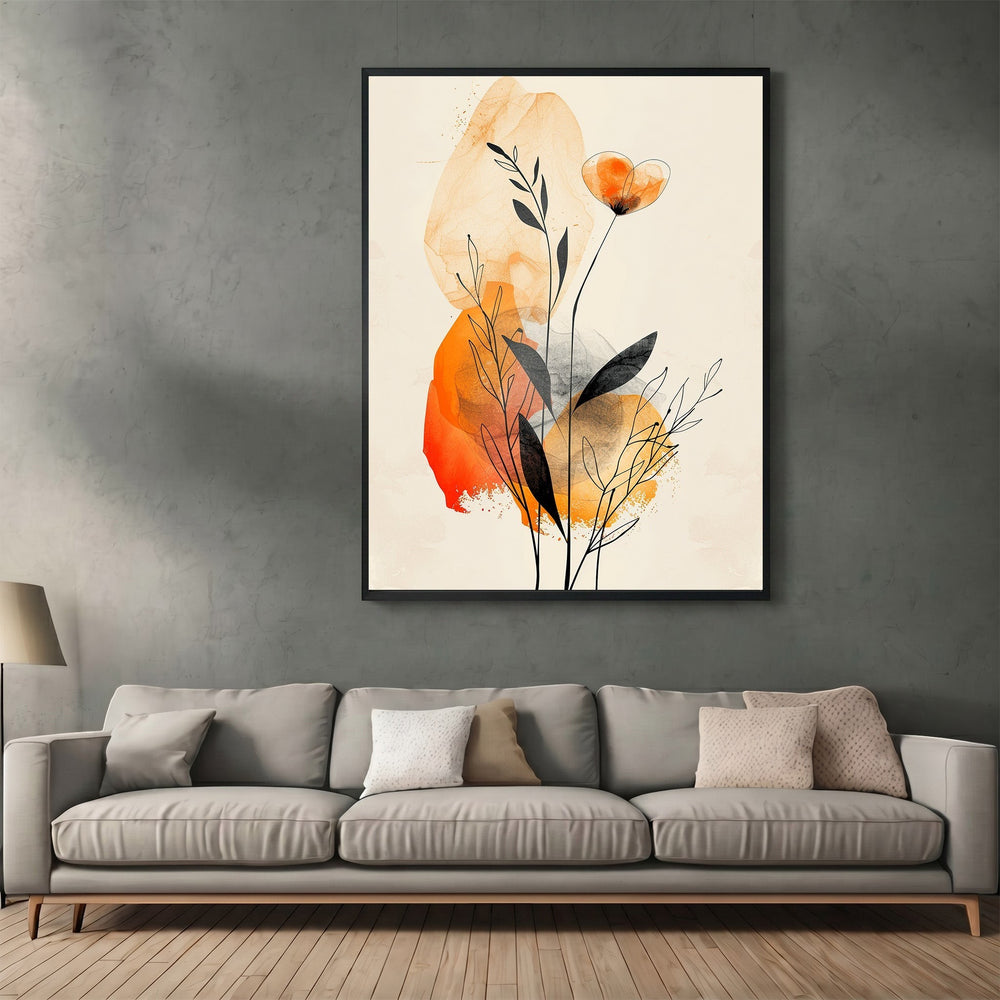 Wadi Home abstract botanical wall art print with amber and charcoal watercolor flora in a modern living room setting.