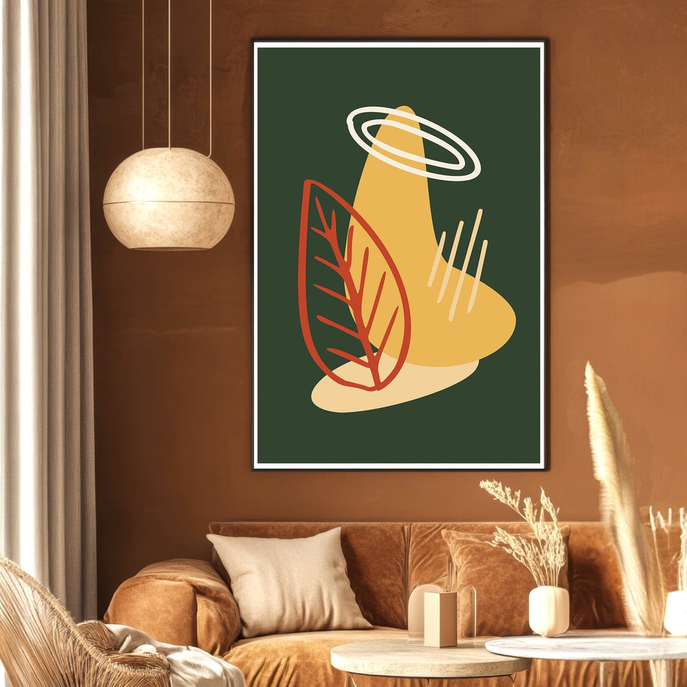 Wadi Home abstract botanical wall art print with forest green, ochre, and terracotta leaf motifs in a modern room.