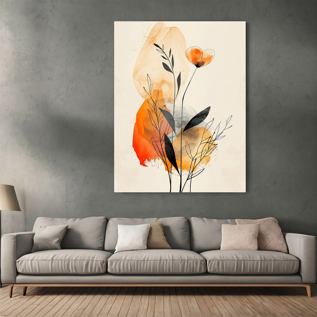 Wadi Home abstract botanical wall art print with amber and charcoal floral line drawings above a modern grey sofa.