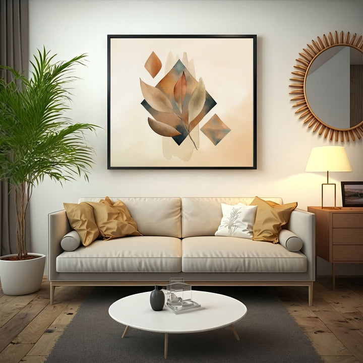 Wadi Home abstract botanical wall art print with earthy watercolor leaves and geometric shapes in a modern living room.