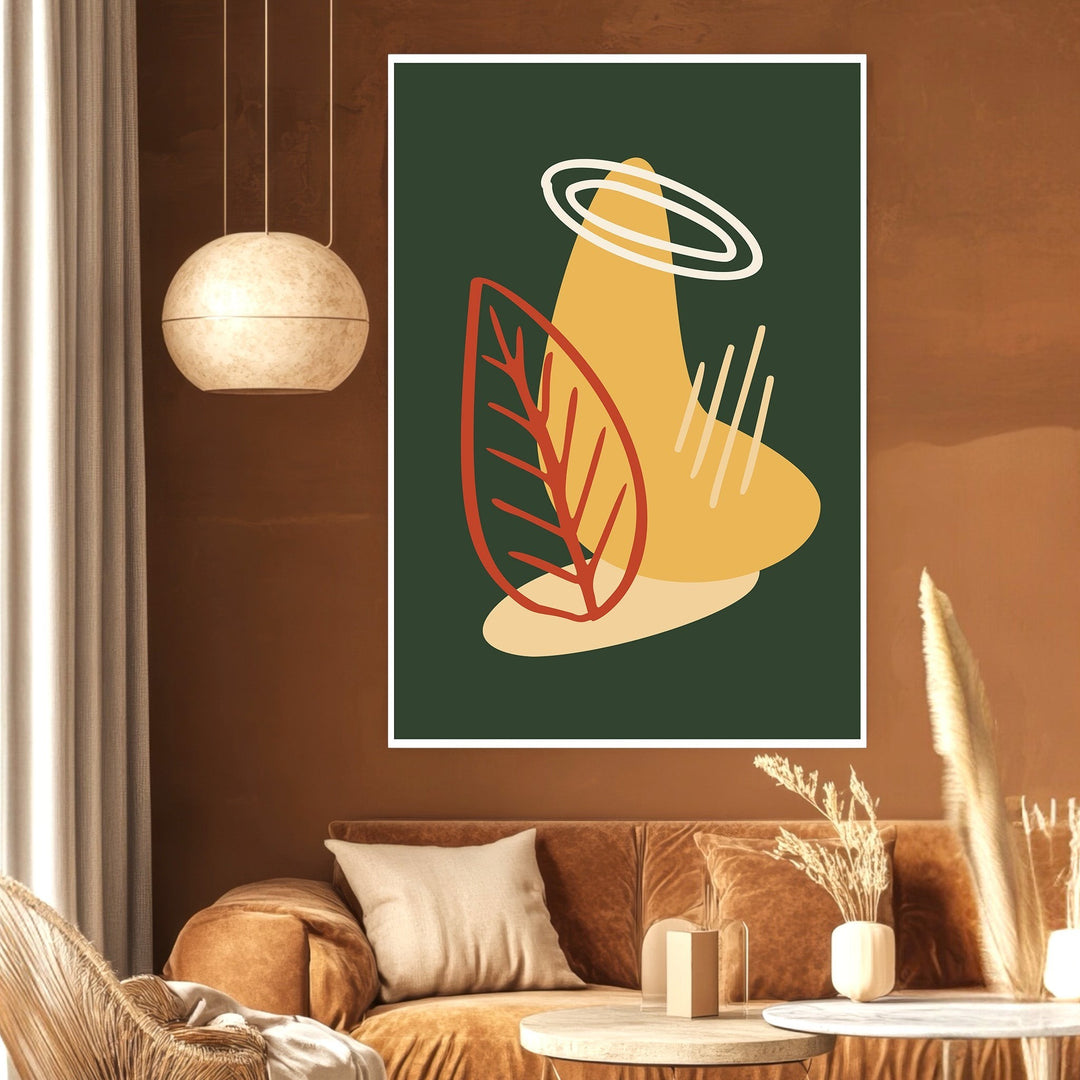 Wadi Home abstract botanical wall art print with forest green, ochre, and terracotta leaf motifs in a modern living room.