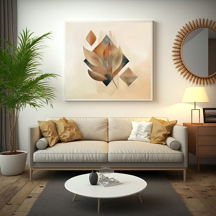 Wadi Home abstract botanical wall art print with earthy watercolor leaves and geometric shapes in a modern living room.