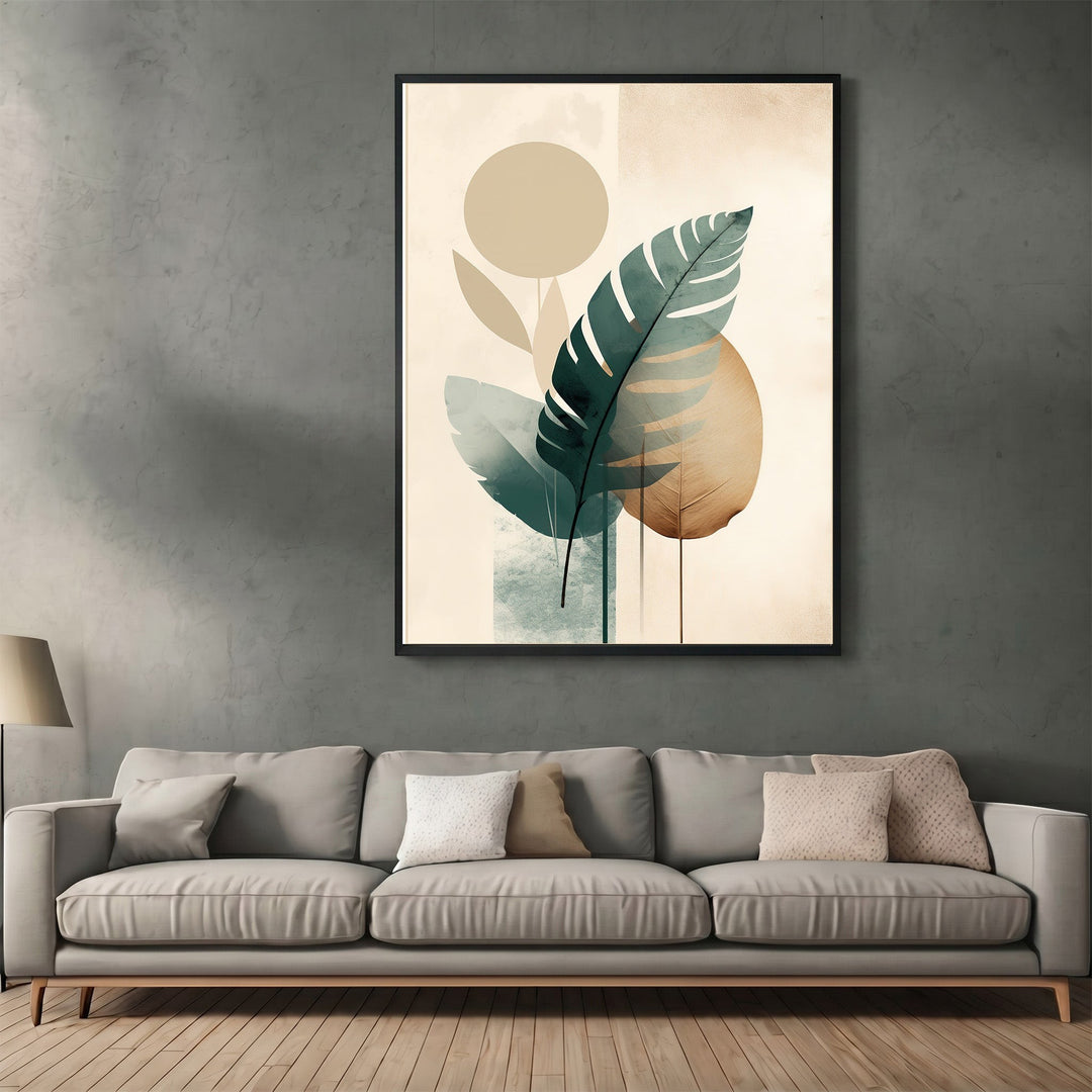 Wadi Home abstract botanical wall art print with green leaves and geometric shapes hanging above a modern grey sofa.