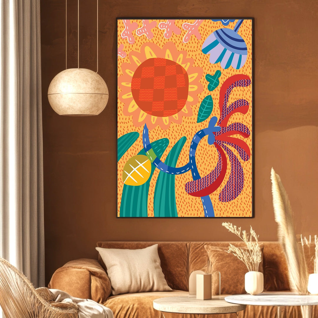 Wadi Home abstract botanical wall art print with vibrant orange, red, blue, and green floral patterns in a living room.