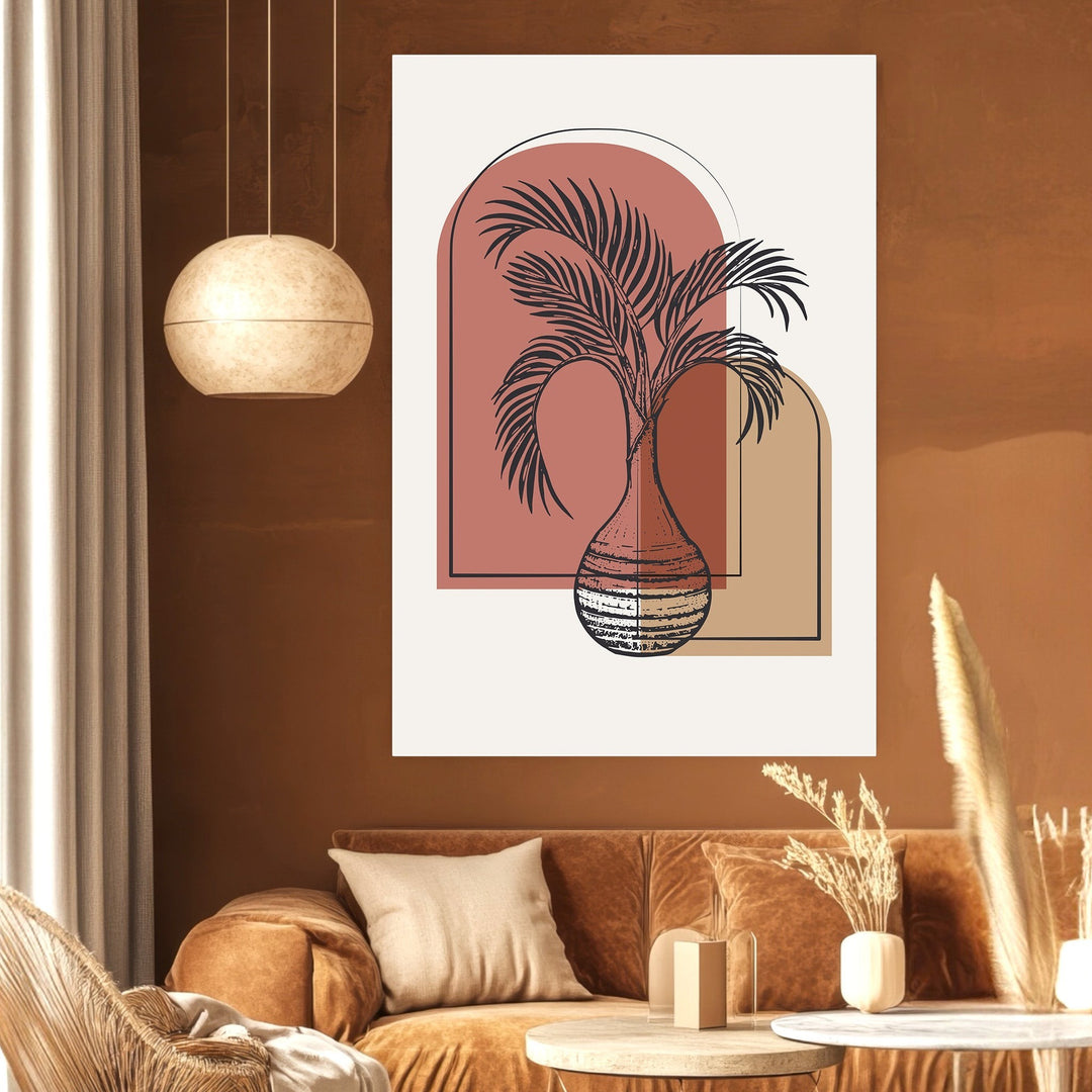 Wadi Home abstract botanical wall art print featuring a palm silhouette in a vase with terracotta and beige arches.