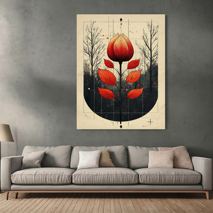 Wadi Home abstract botanical wall art print featuring a red floral motif on a neutral background in a modern living room
