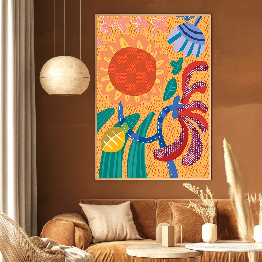 Wadi Home abstract botanical wall art print with vibrant orange, red, blue, and green floral patterns in a modern room.