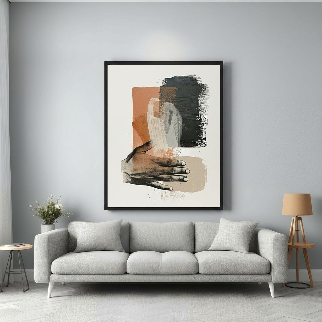 Wadi Home abstract wall art with rust, black, and cream brushstrokes and a hand graphic.