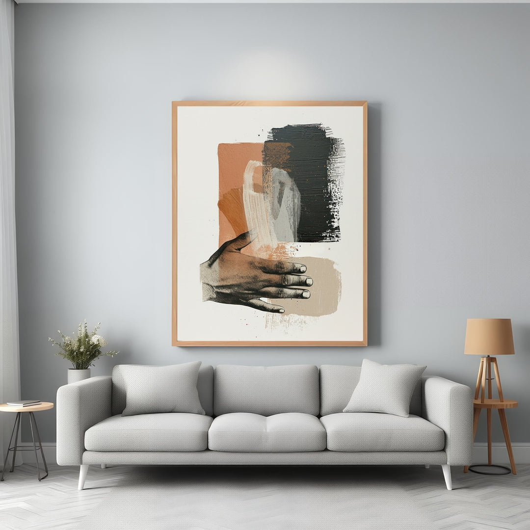Wadi Home abstract wall art with hand motif, brushstrokes in rust, black, and cream.