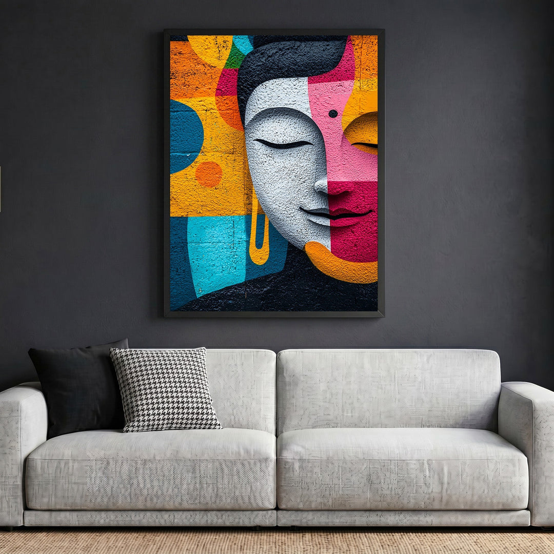 Wadi Home abstract Buddha face wall art print with vibrant orange, magenta, and teal geometric patterns in a black frame